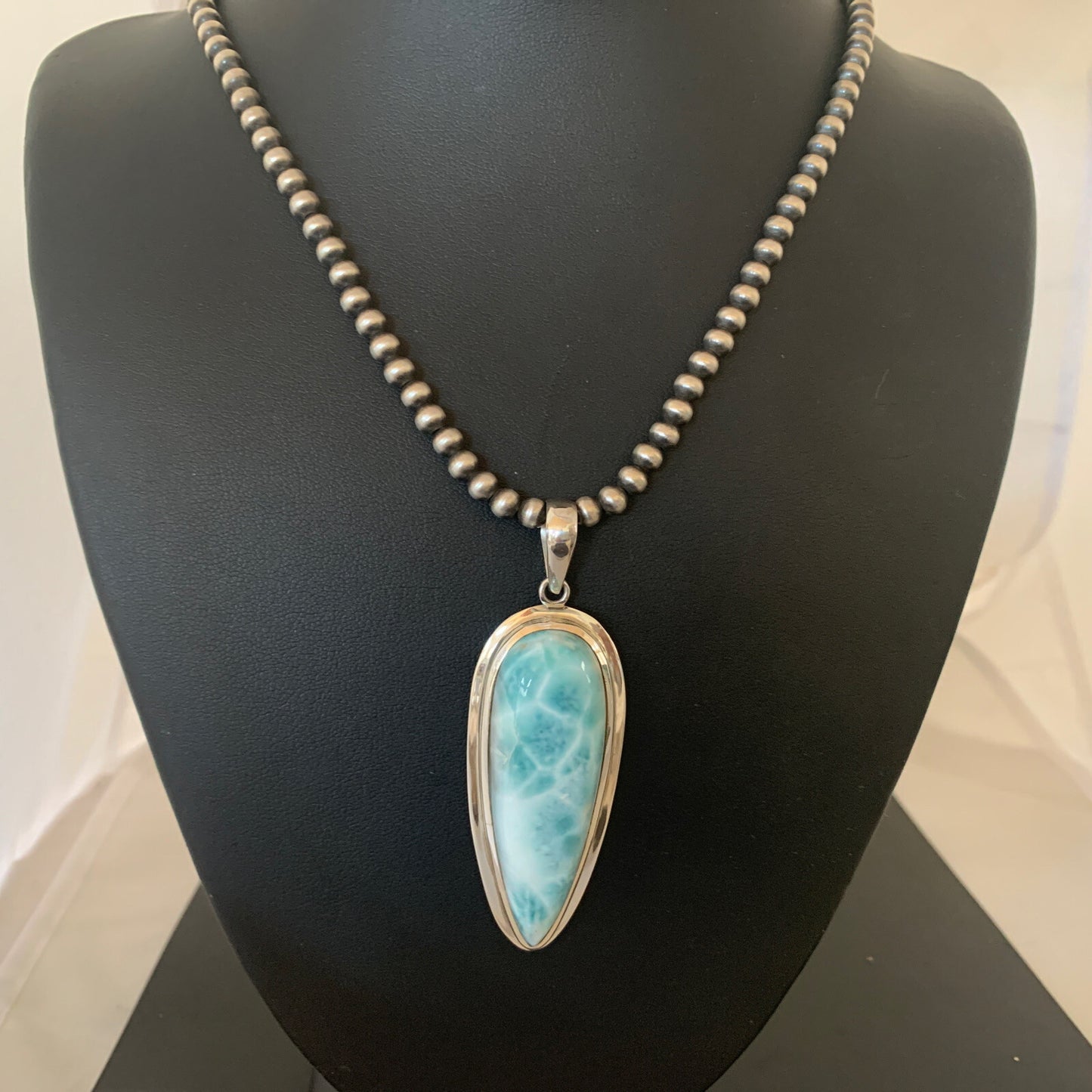 Womens Blue Larimar Pendant Navajo Sterling Silver Beads Necklace 01766