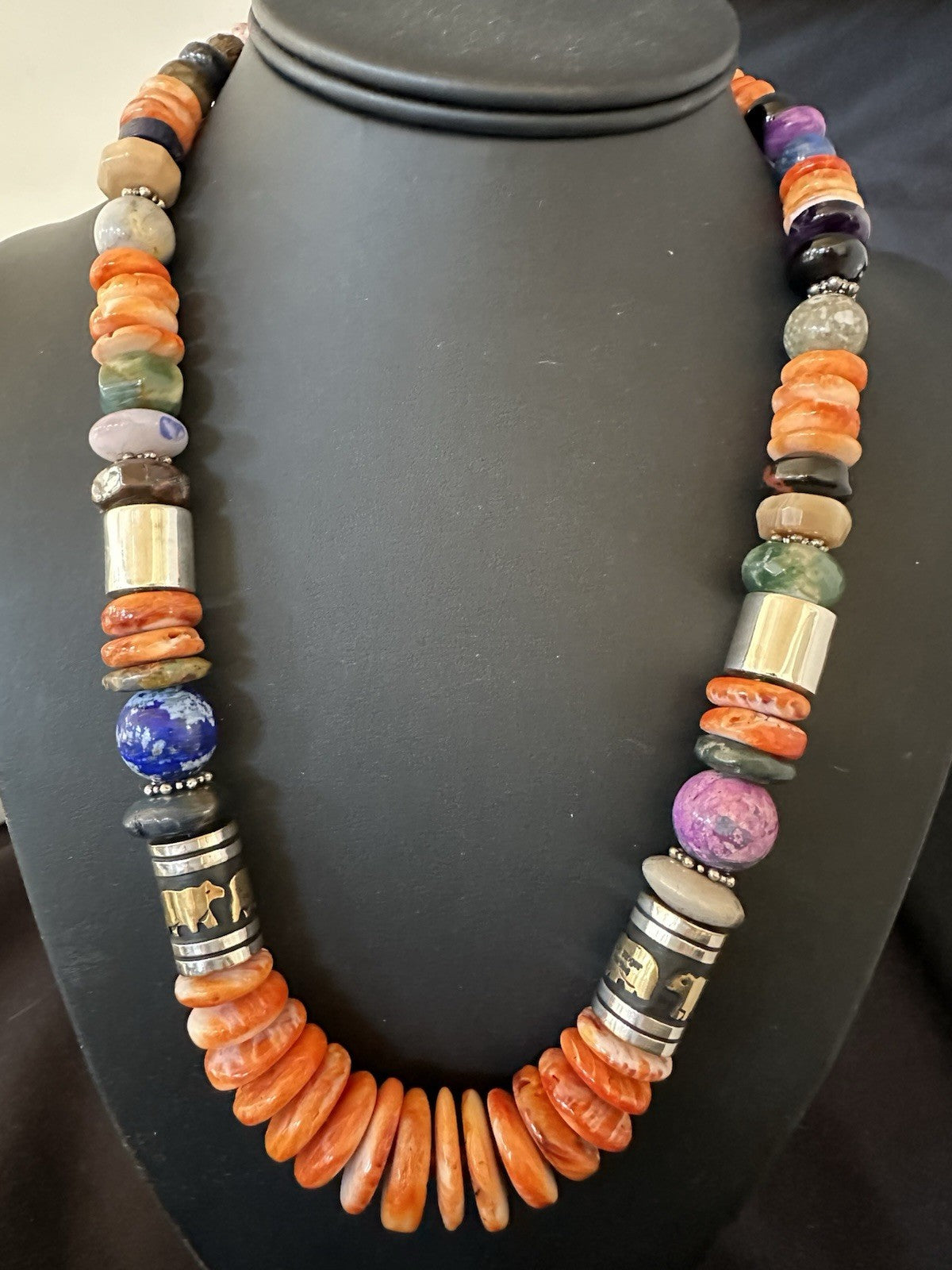 Tommy Rosita Singer T R Sterling Silver Orange Spiny Lapis Necklace 20in 19410