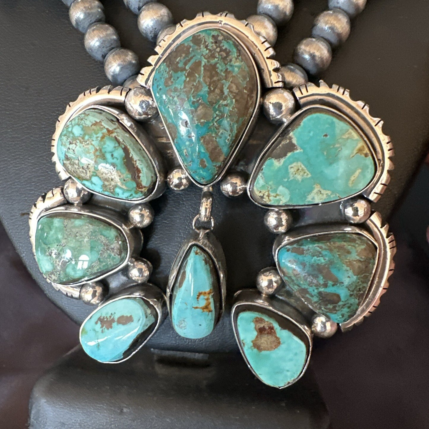 Green Royston Turquoise Navajo Squash Sterling Silver Naja Necklace 18236