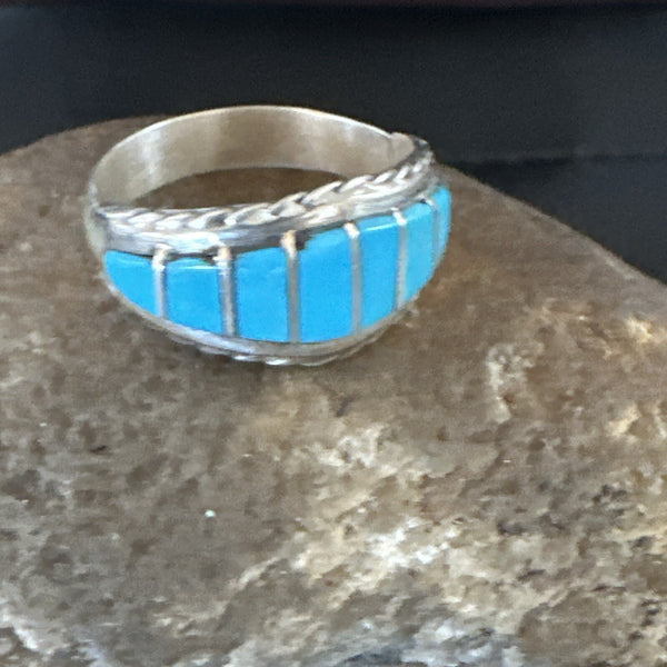 Navajo Blue Turquoise Inlay Band Ring Sz 8 | Authentic Native American Handmade | 17970