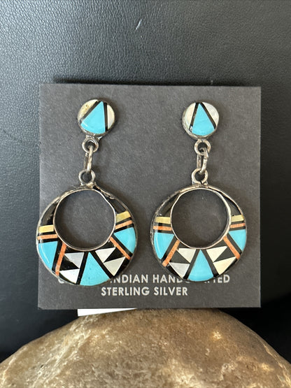 Coral Turquoise Onyx Abalone Zuni Sterling Silver Inlay Earrings 14768