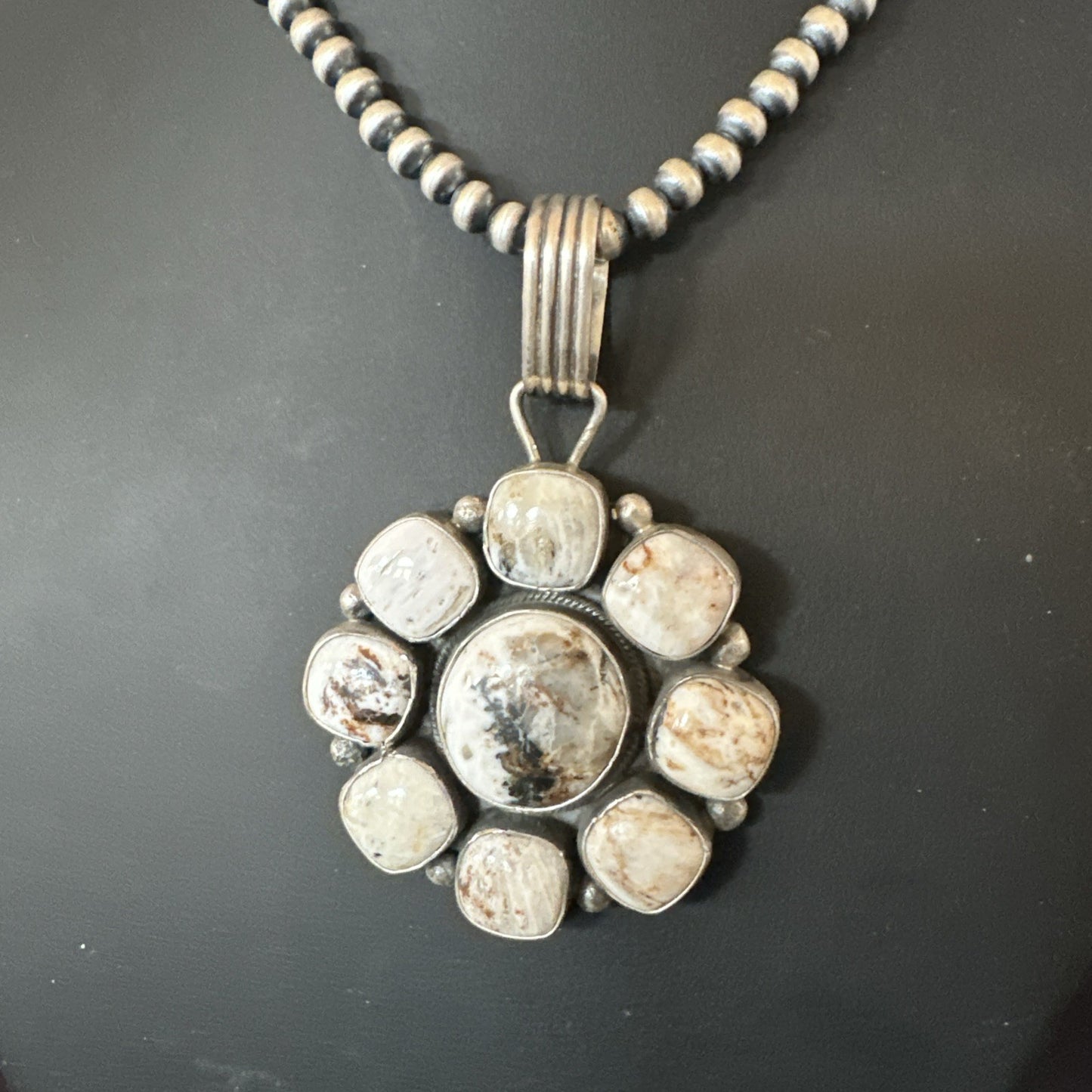 White Buffalo Turquoise Cluster Pendant Navajo Sterling Silver Necklace 19271