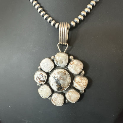 White Buffalo Turquoise Cluster Pendant Navajo Sterling Silver Necklace 19271