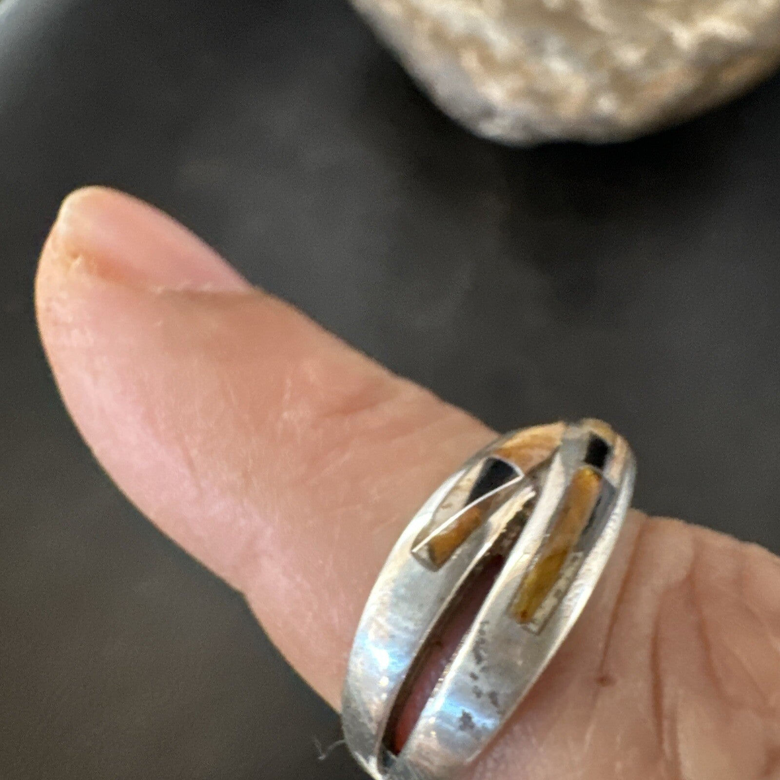 Navajo Black Onyx Tiger's Eye Inlay Sterling Ring Size 5.5 18702