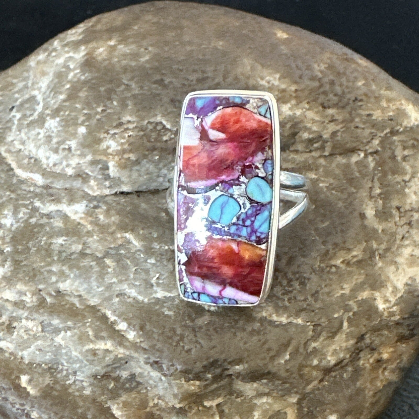Blue Turquoise Spiny Oyster Southwestern Sterling Silver Ring Size 7 18491