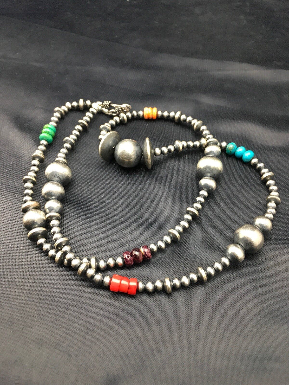 Turquoise Coral & Spiny Oyster Navajo Pearls Sterling Silver Bead Necklace 24"