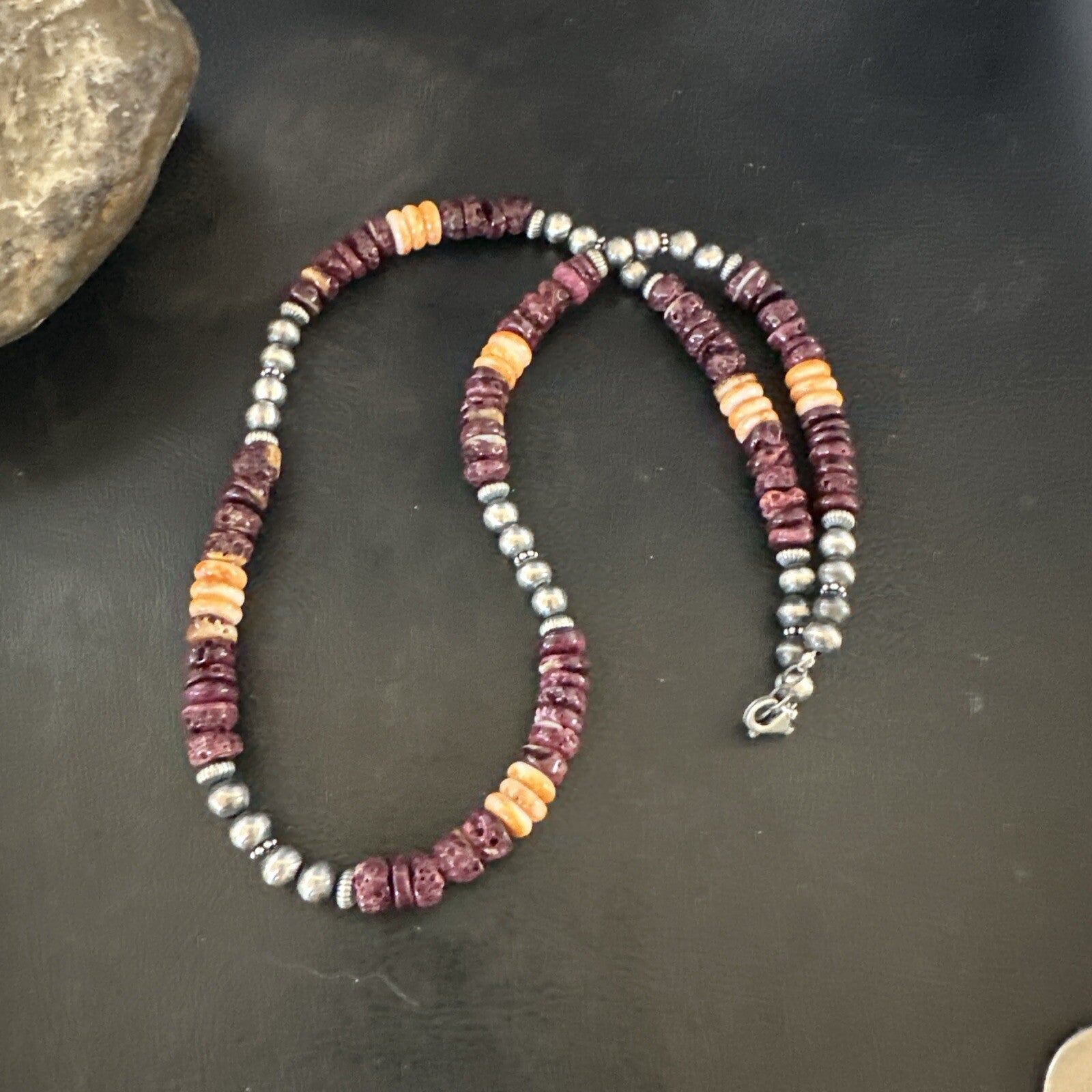 Navajo Sterling Necklace Purple Orange Spiny Oyster  20" 17702