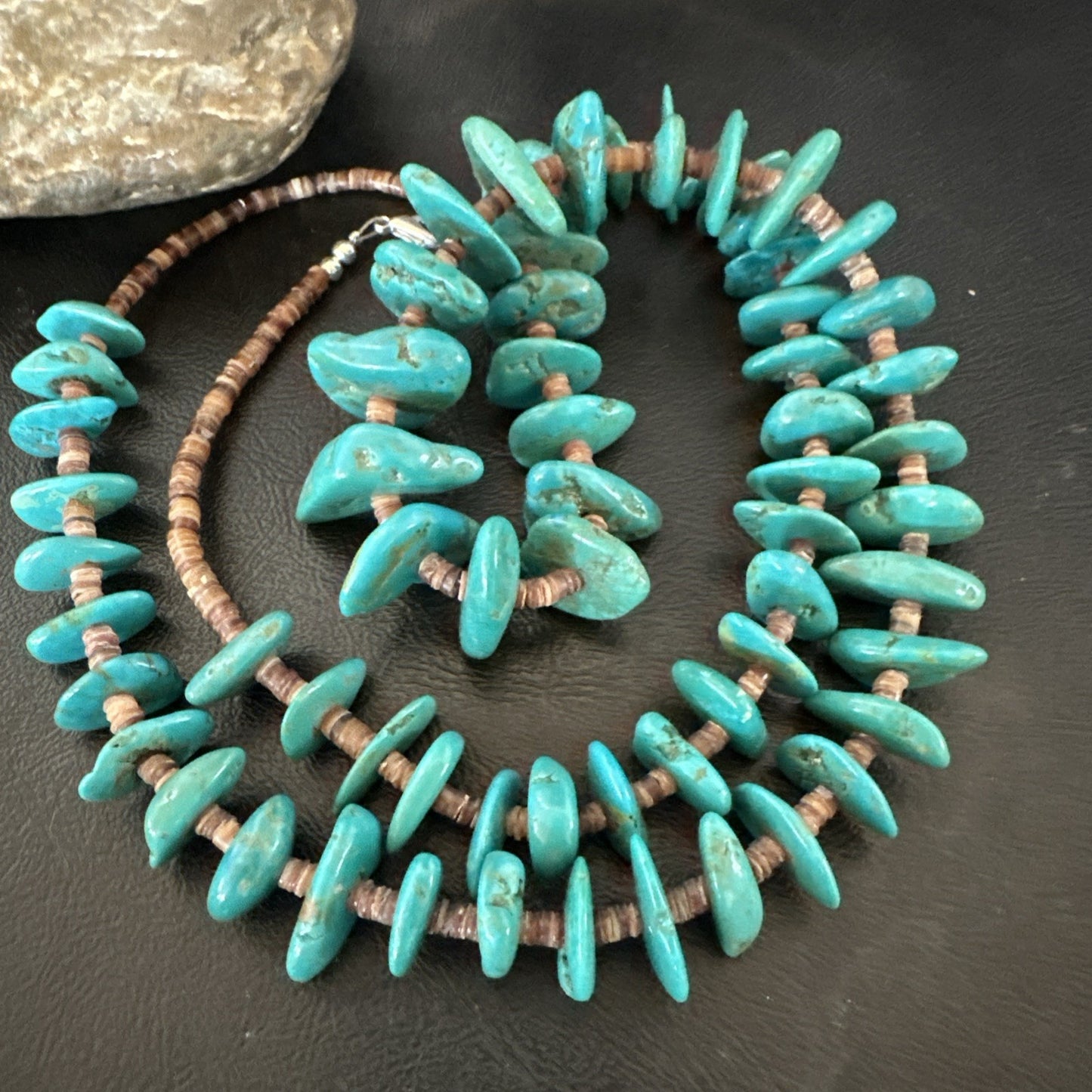 XL Navajo Kingman Turquoise Shell Heishi Sterling Silver Bead 34” Necklace 19635