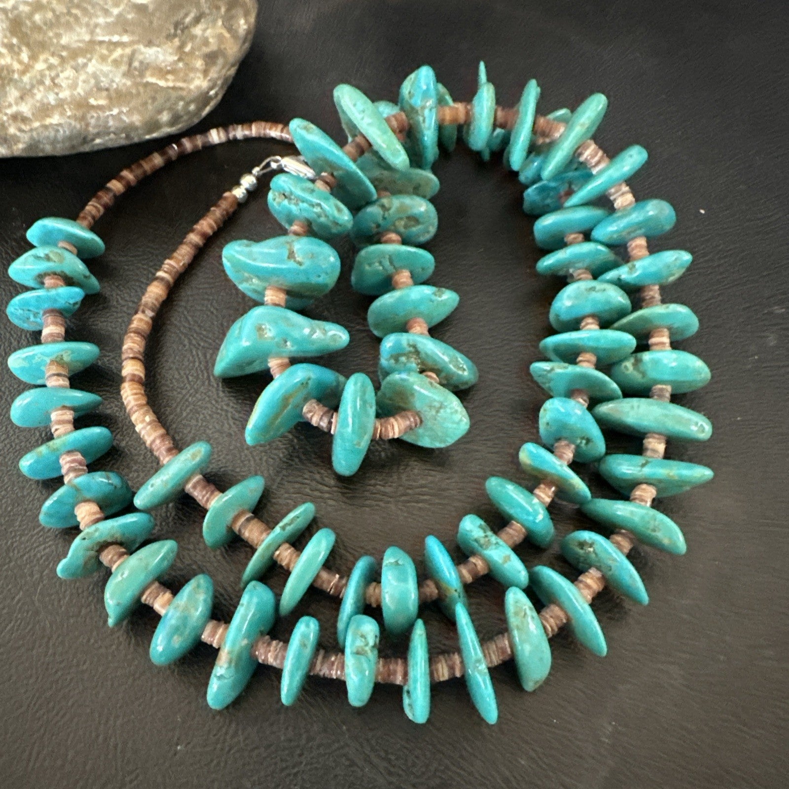 XL Navajo Kingman Turquoise Shell Heishi Sterling Silver Bead 34” Necklace 19635