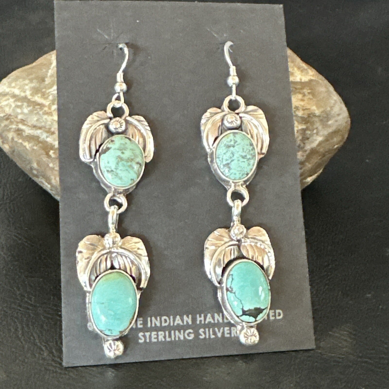 Native Navajo Green Turquoise Sterling Silver Dangle Earrings 2” 17914