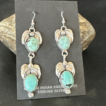 Native Navajo Green Turquoise Sterling Silver Dangle Earrings 2” 17914
