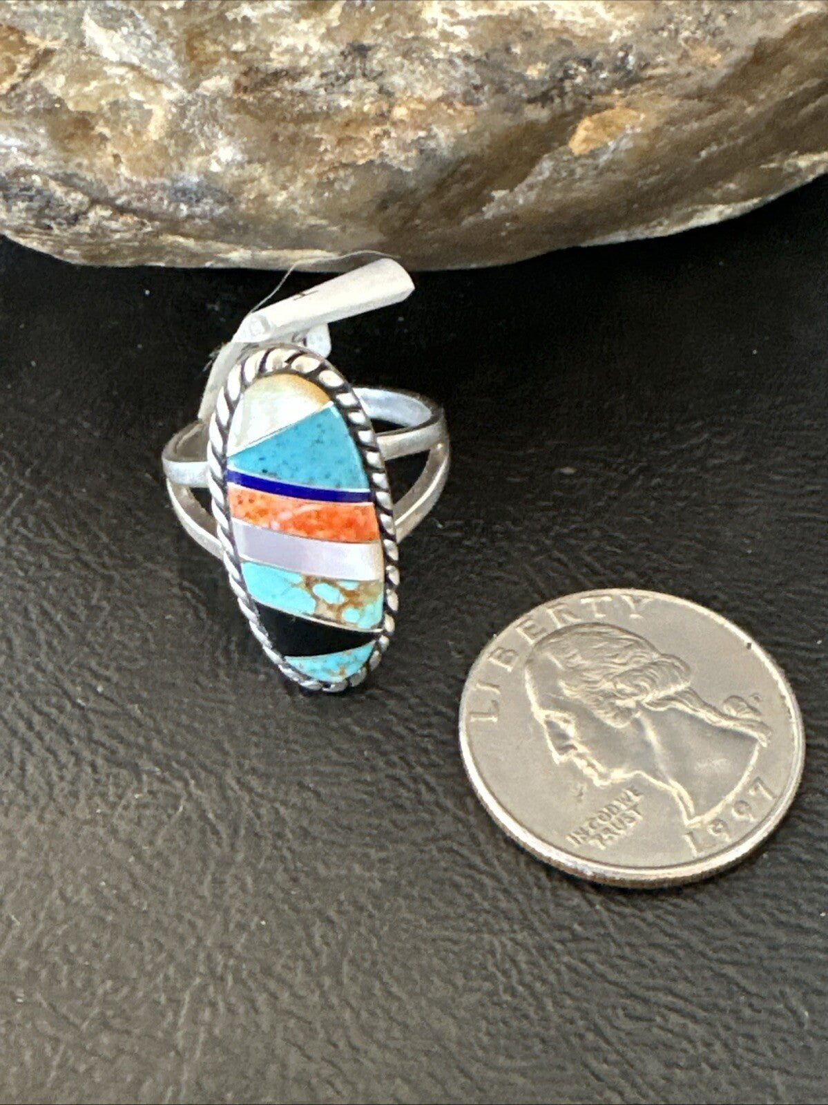 MultiColor Navajo Sterling Turquoise Spiny Oyster Inlay Ring Sz 8.5 18705