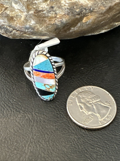 MultiColor Navajo Sterling Turquoise Spiny Oyster Inlay Ring Sz 8.5 18705