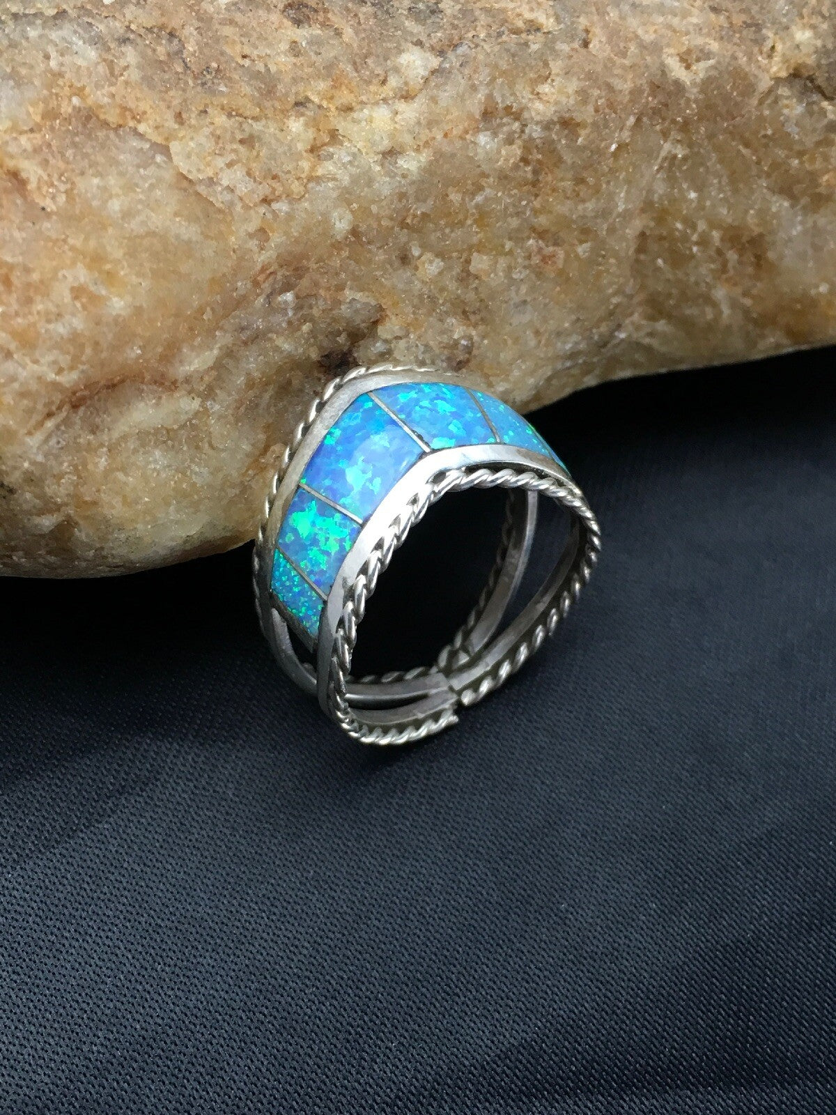 Native American Navajo Sterling Silver Blue Opal Inlay Ring Set7.75 02785