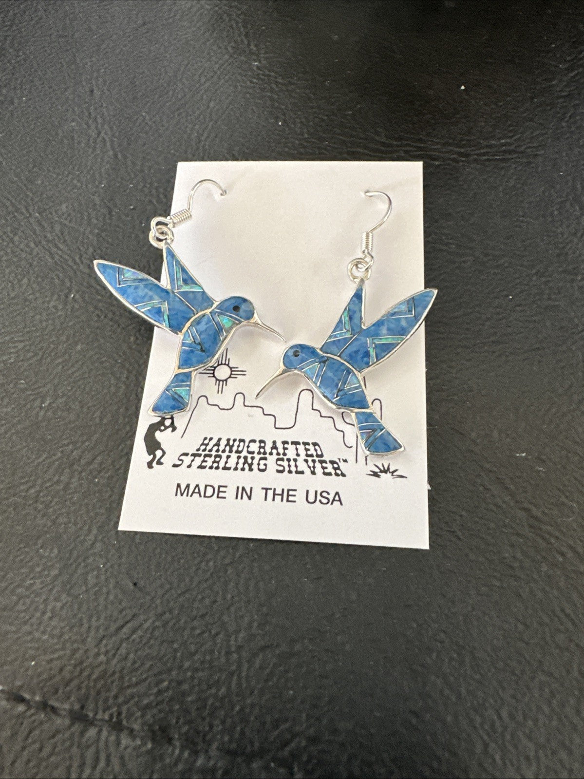 Blue Denim Lapis Opal Sterling Silver Hummingbird Dangle Earrings 19142