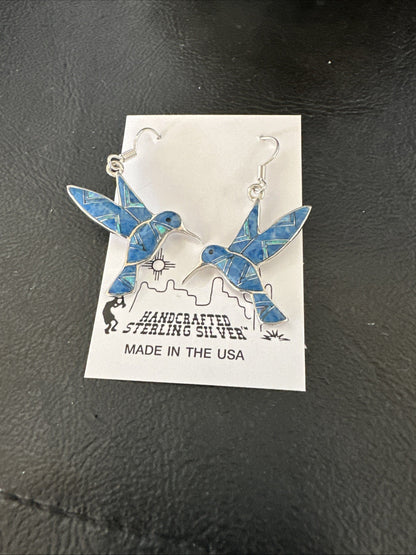 Blue Denim Lapis Opal Sterling Silver Hummingbird Dangle Earrings 19142