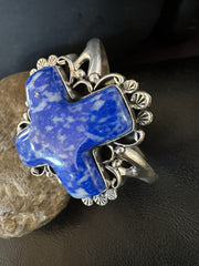 Men's Women's Tufa Denim Lapis Navajo Cuff Bracelet 7.7" | Sterling Silver | Authentic Native American Handmade | 19454