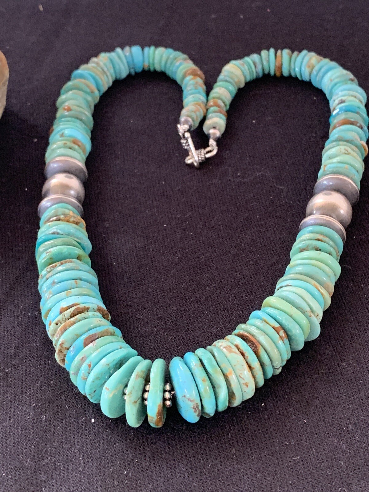 Blue Turquoise Graduated Navajo Pearls Sterling Silver Necklace 00248