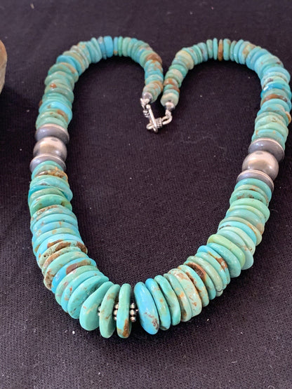 Blue Turquoise Graduated Navajo Pearls Sterling Silver Necklace 00248