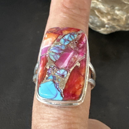 Blue Turquoise Spiny Oyster Southwestern Sterling Silver Ring Size 9 19060