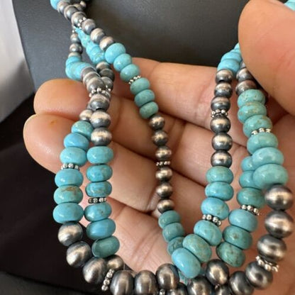 Navajo Pearls Blue Turquoise Necklace 3-Strand Sterling Silver 16305