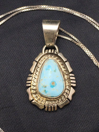 Dry Creek Turquoise Pendant Navajo Sterling Silver Chain Necklace 3107