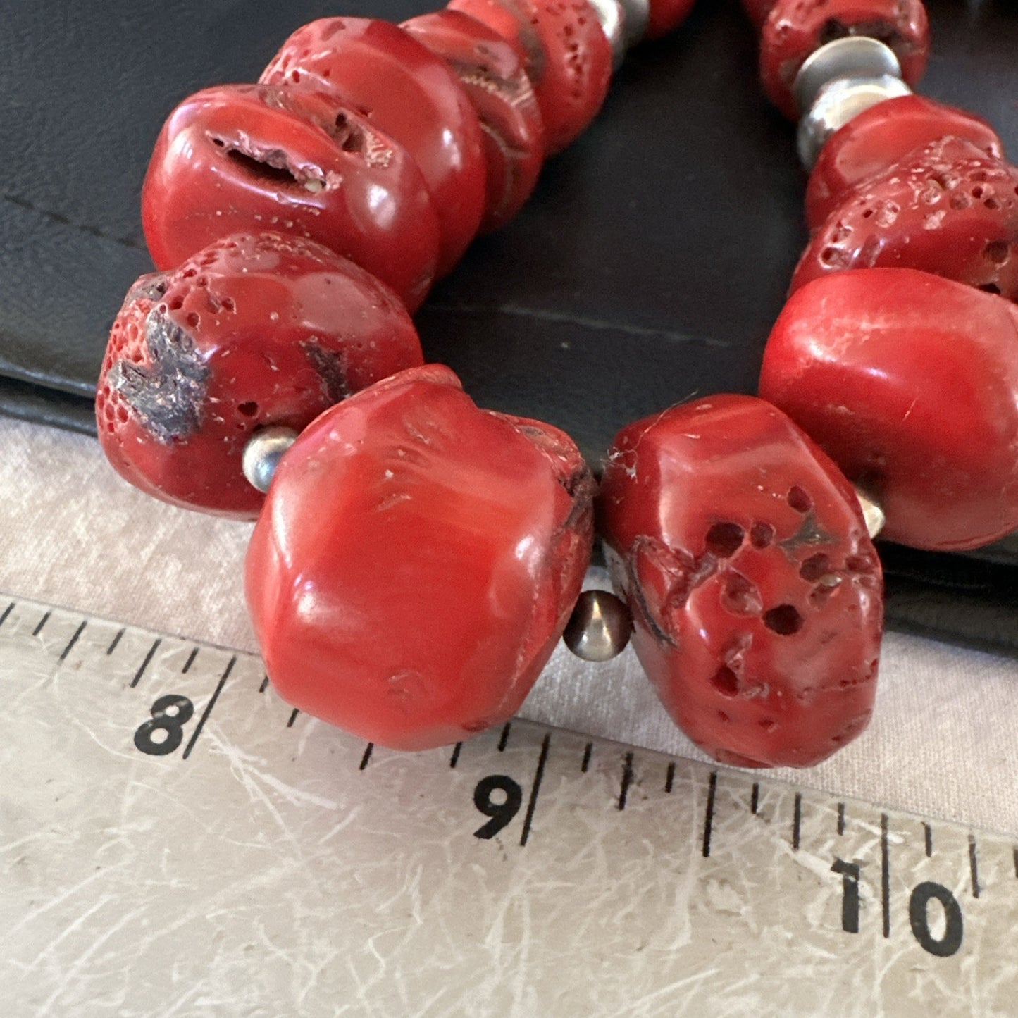 Chunky Navajo Red Bamboo Coral Sterling Silver Bead Necklace 24” Graduated 19531