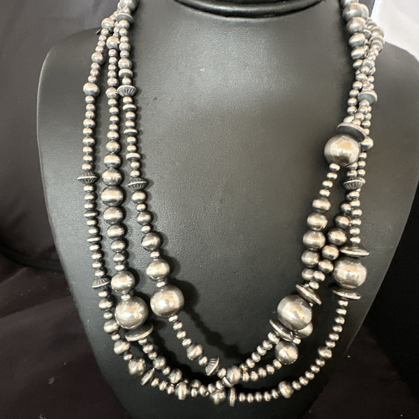 Navajo Pearls Necklace 3 Strand | Sterling Silver | Authentic Native American Handmade | 94221