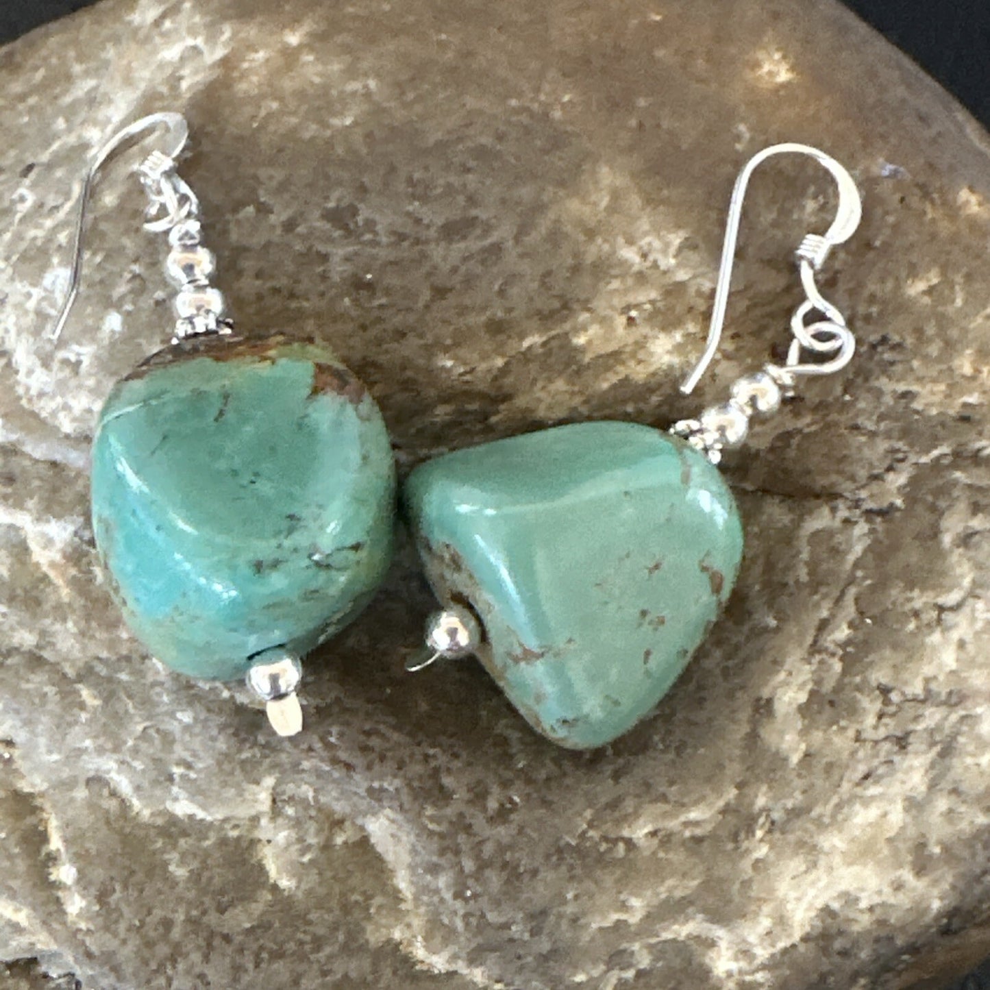 Green Turquoise Nugget Sterling Silver Beads Navajo Earrings 1" 17868