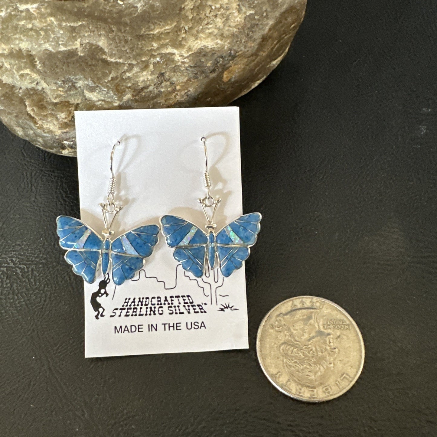 Butterfly Blue Denim Lapis Opal Inlay Sterling Silver Dangle Earrings 19138