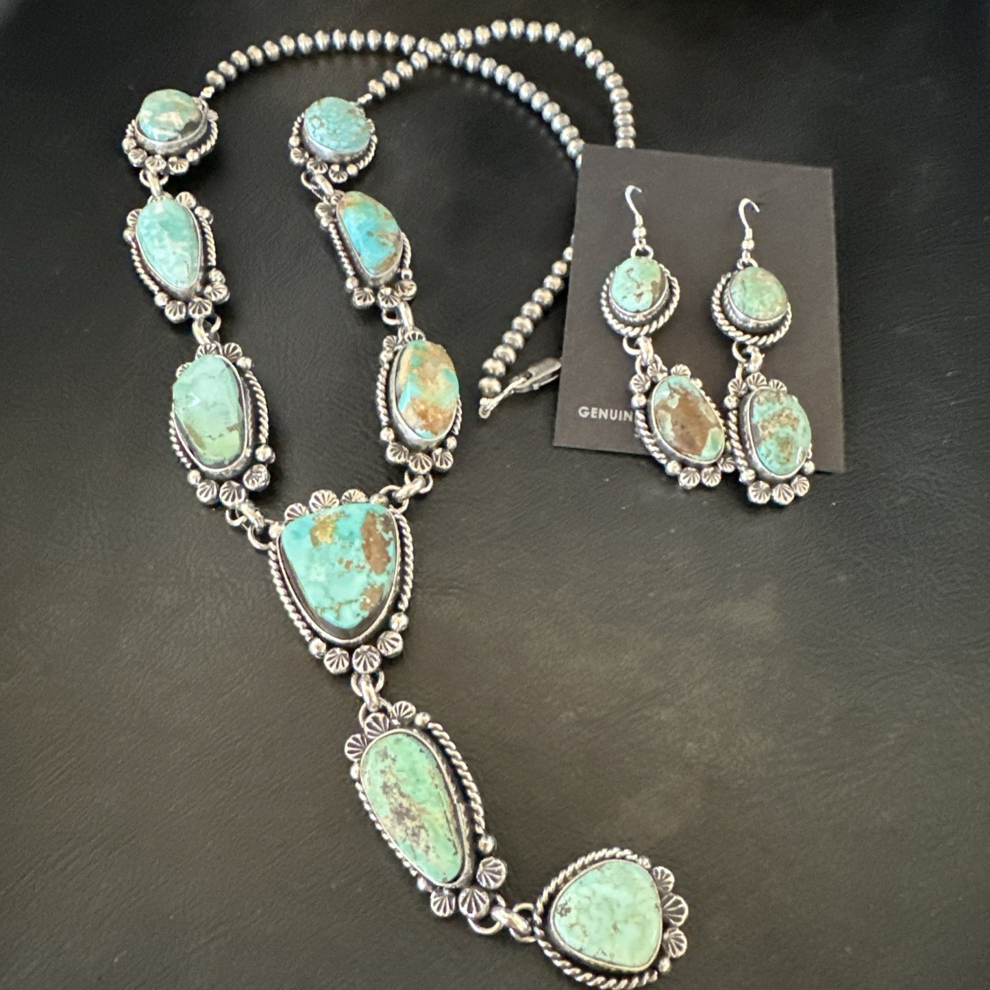 Sterling ROYSTON LARIAT Necklace 26” Women Navajo Turquoise Silver Earring 19598