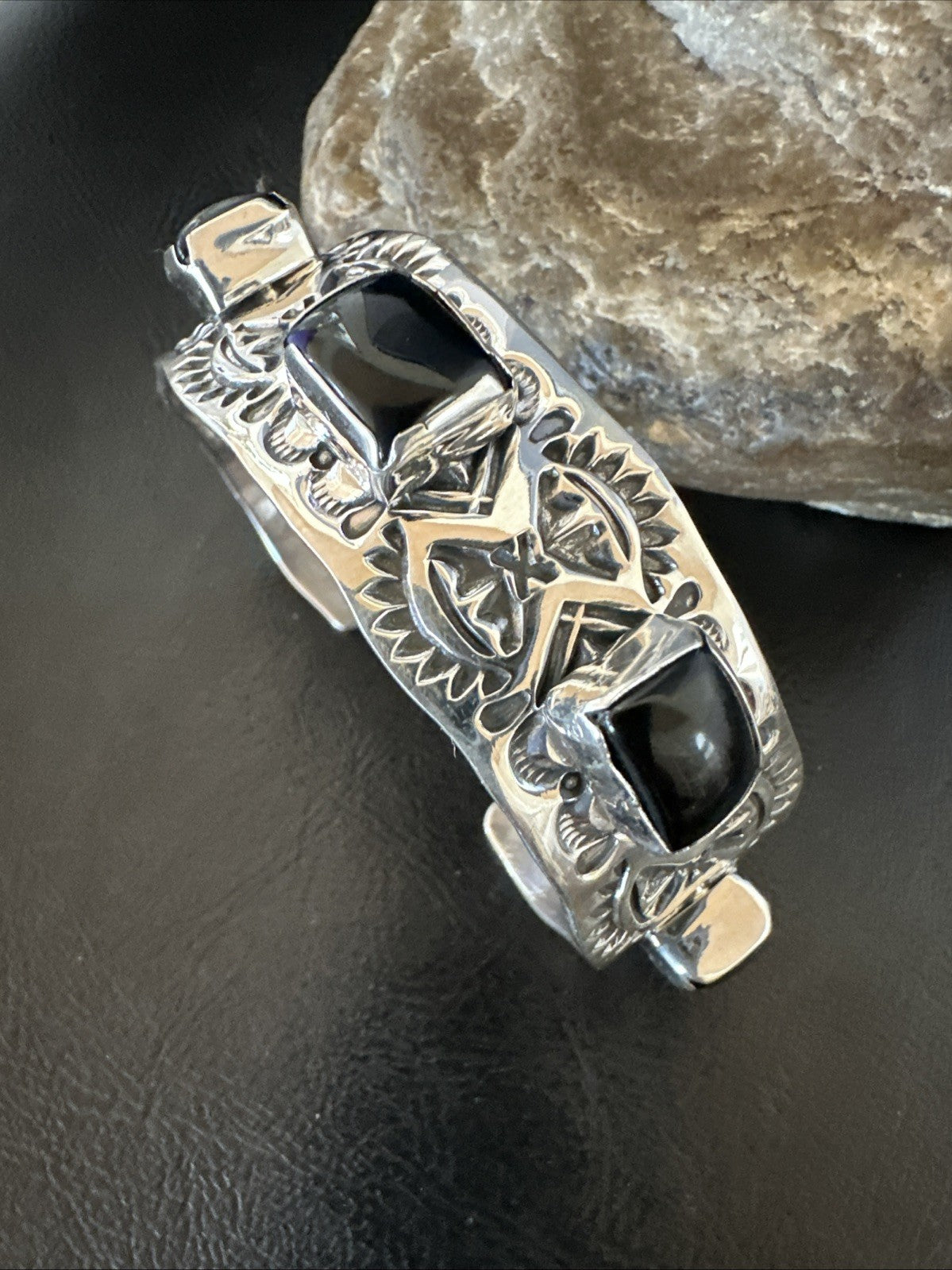 Mens Womens Navajo Sterling Silver Black Onyx Cluster Cuff Bracelet 7.5" 19432