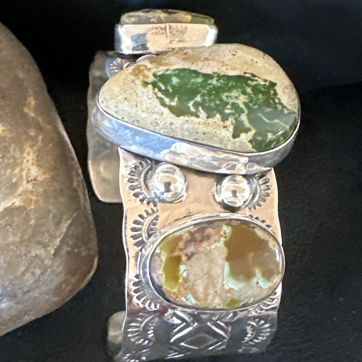 Navajo Green Royston TURQUOISE Stamped Sterling Silver Cuff Bracelet 18975