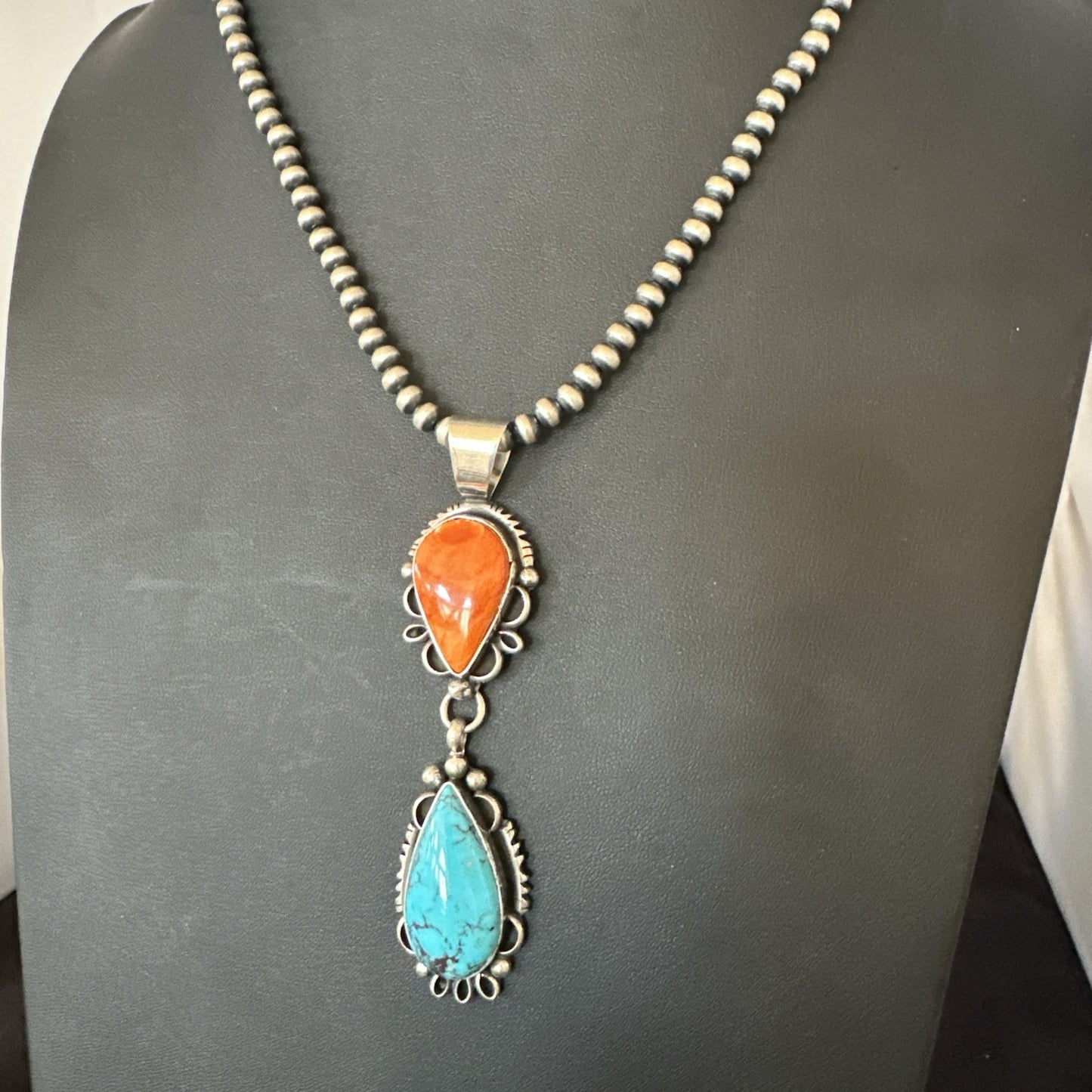 Multicolor Turquoise Spiny Navajo Sterling Silver Cluster Pendant Necklace 19558