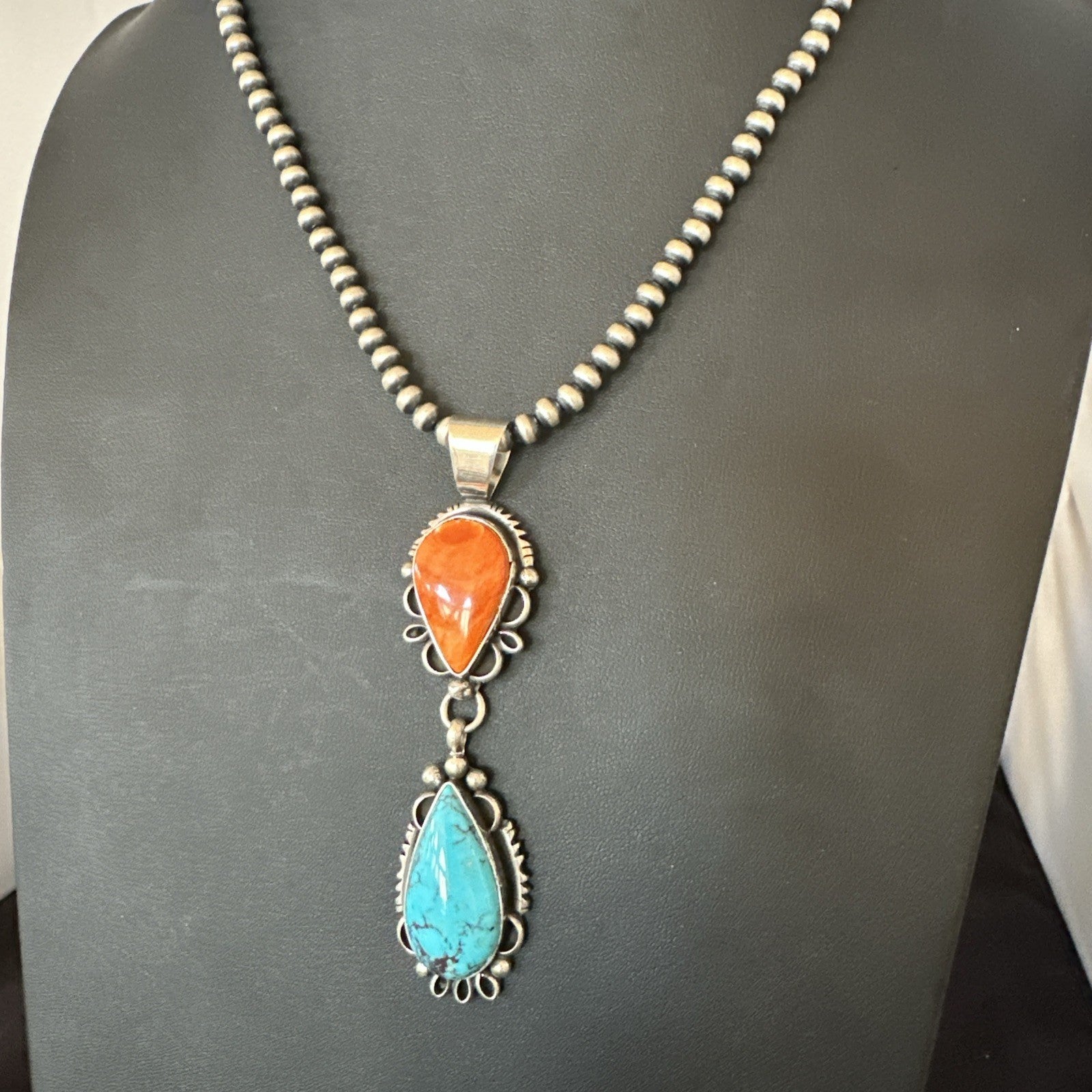 Multicolor Turquoise Spiny Navajo Sterling Silver Cluster Pendant Necklace 19558