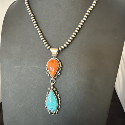 Multicolor Turquoise Spiny Navajo Sterling Silver Cluster Pendant Necklace 19558