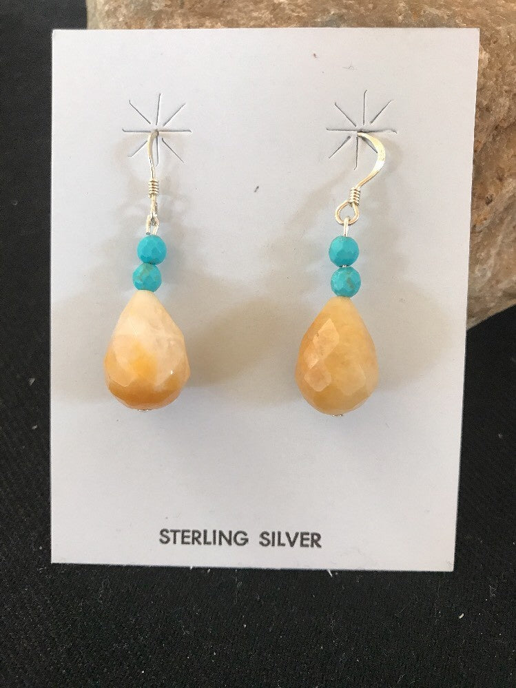 Native Turquoise & Jade Bead Navajo Dangle Earrings Sterling Silver 03817
