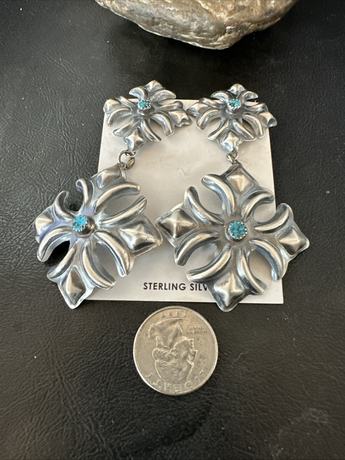 Womens Stamped Blue Turquoise Dangle Earrings Navajo Sterling Silver 19784
