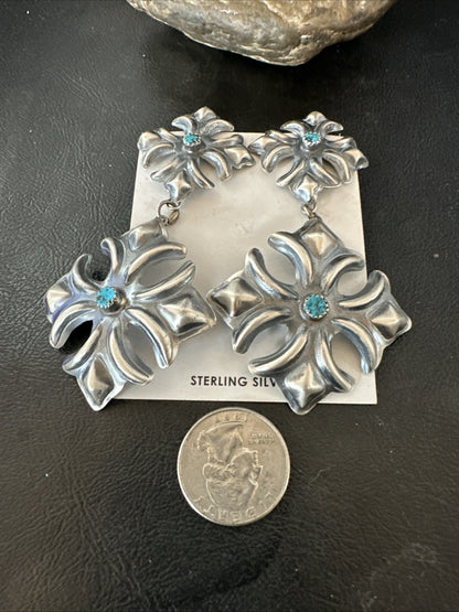 Womens Stamped Blue Turquoise Dangle Earrings Navajo Sterling Silver 19784