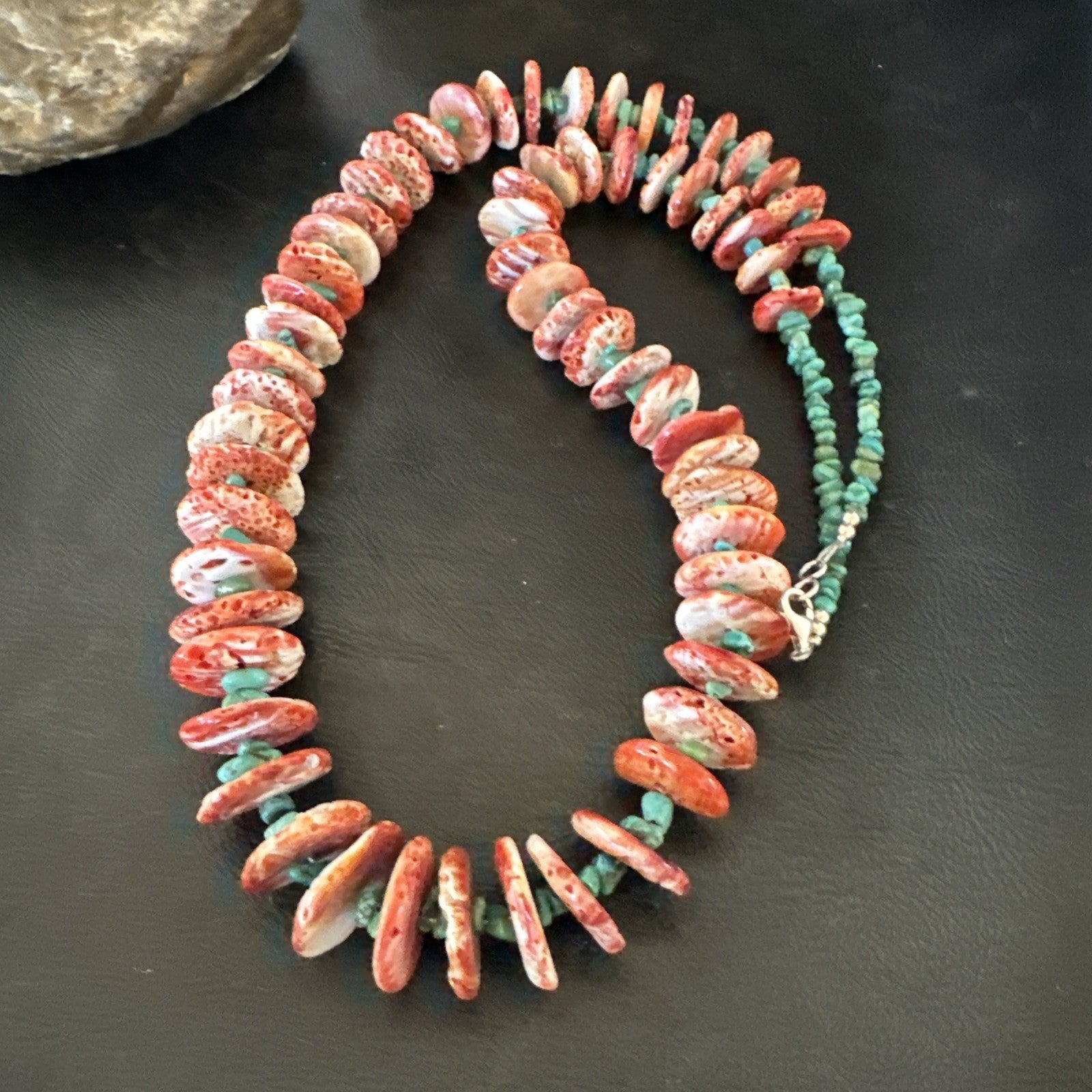 Red Spiny Oyster  Blue Turquoise Navajo Sterling Silver Necklace 28" 19718