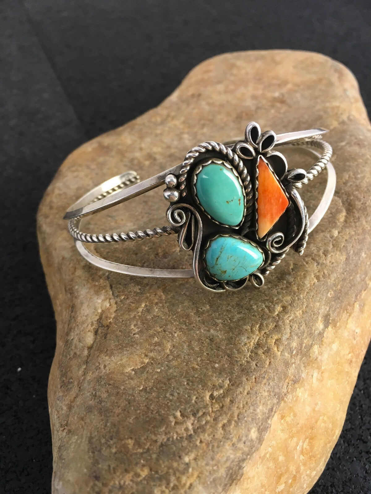 Spiny Oyster & Turquoise Navajo Sterling Silver Bracelet 08846
