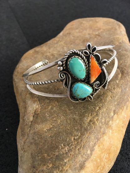 Spiny Oyster & Turquoise Navajo Sterling Silver Bracelet 08846