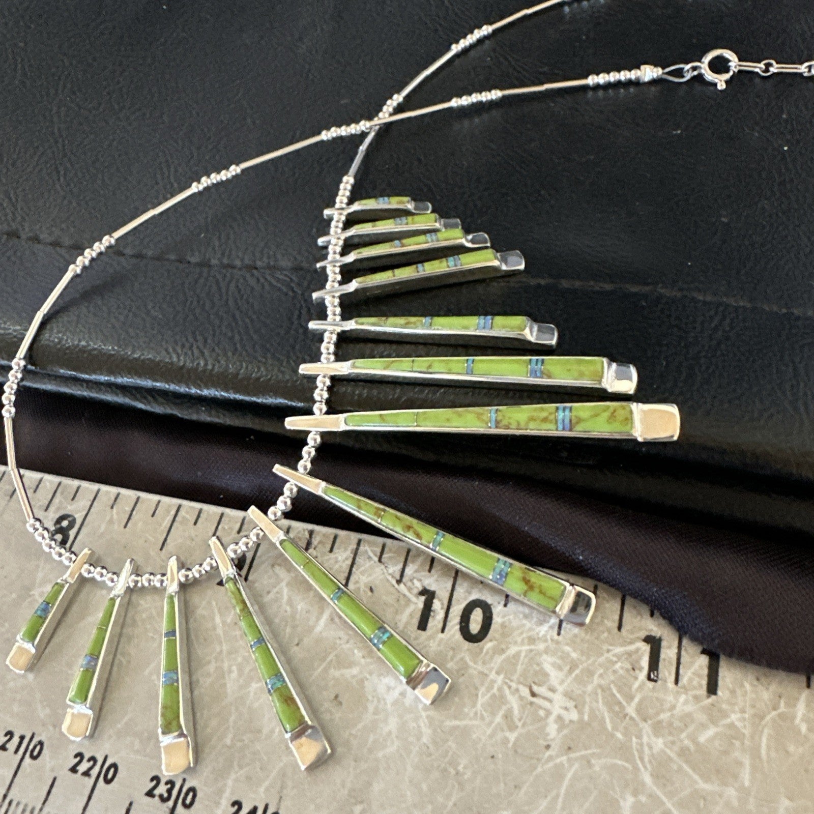 Womens Green Gaspeite Stick Pendant Necklace Earrings Sterling Silver 19151