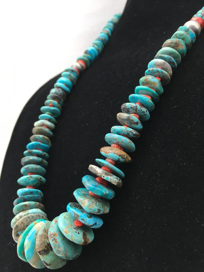 Turquoise & Spiny Oyster Graduated Navajo Sterling Silver Necklace 29" 04362
