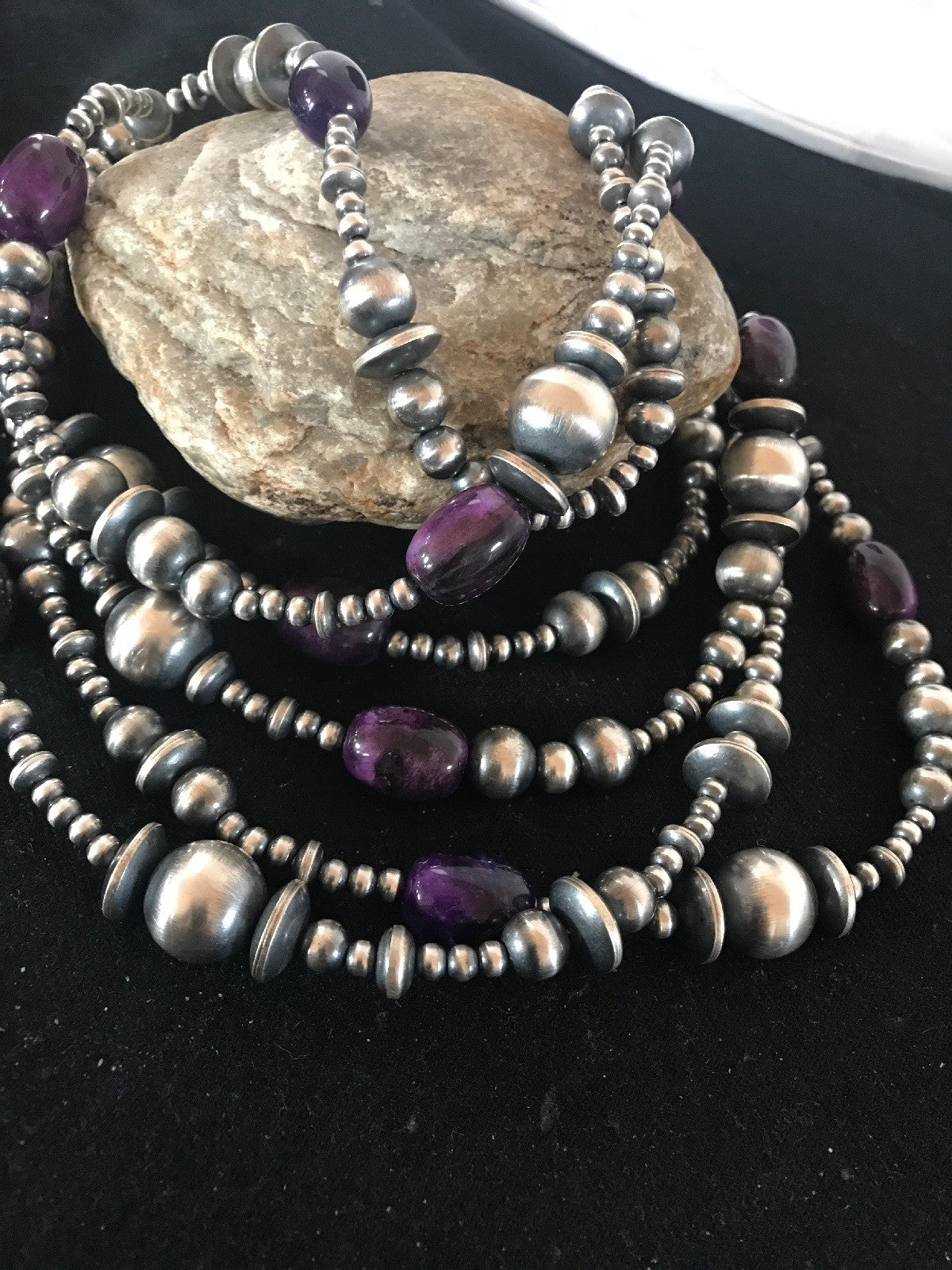 Native Long Navajo Pearls Sterling Silver Purple Stone Bead Necklace 70" 08052