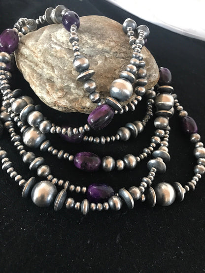 Native Long Navajo Pearls Sterling Silver Purple Stone Bead Necklace 70" 08052
