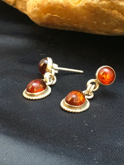 Native American Navajo Sterling Silver Gold Amber Dangle Earrings 13104