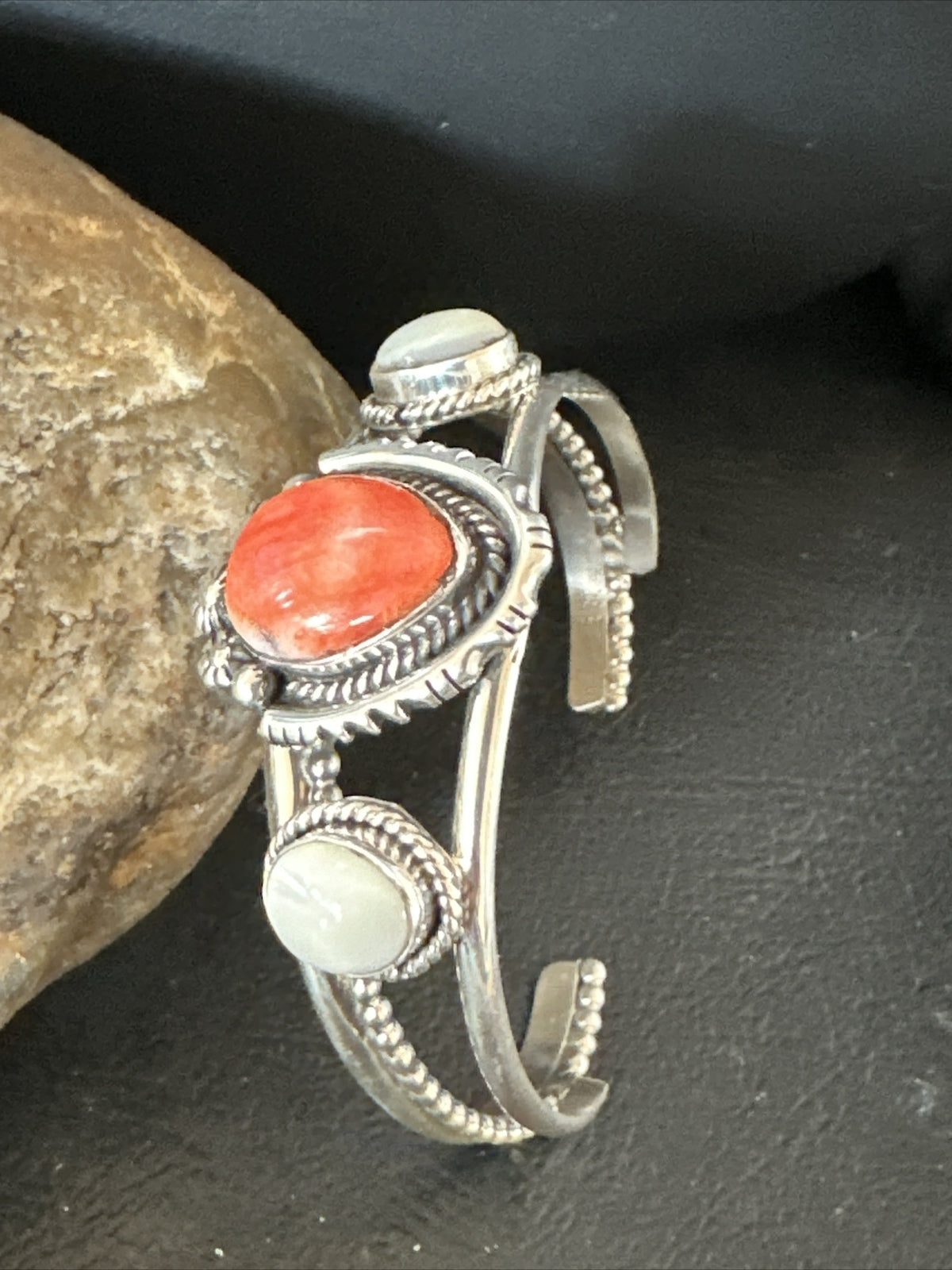 Red Spiny Oyster White MOP Navajo Sterling Silver Cuff Bracelet 17705