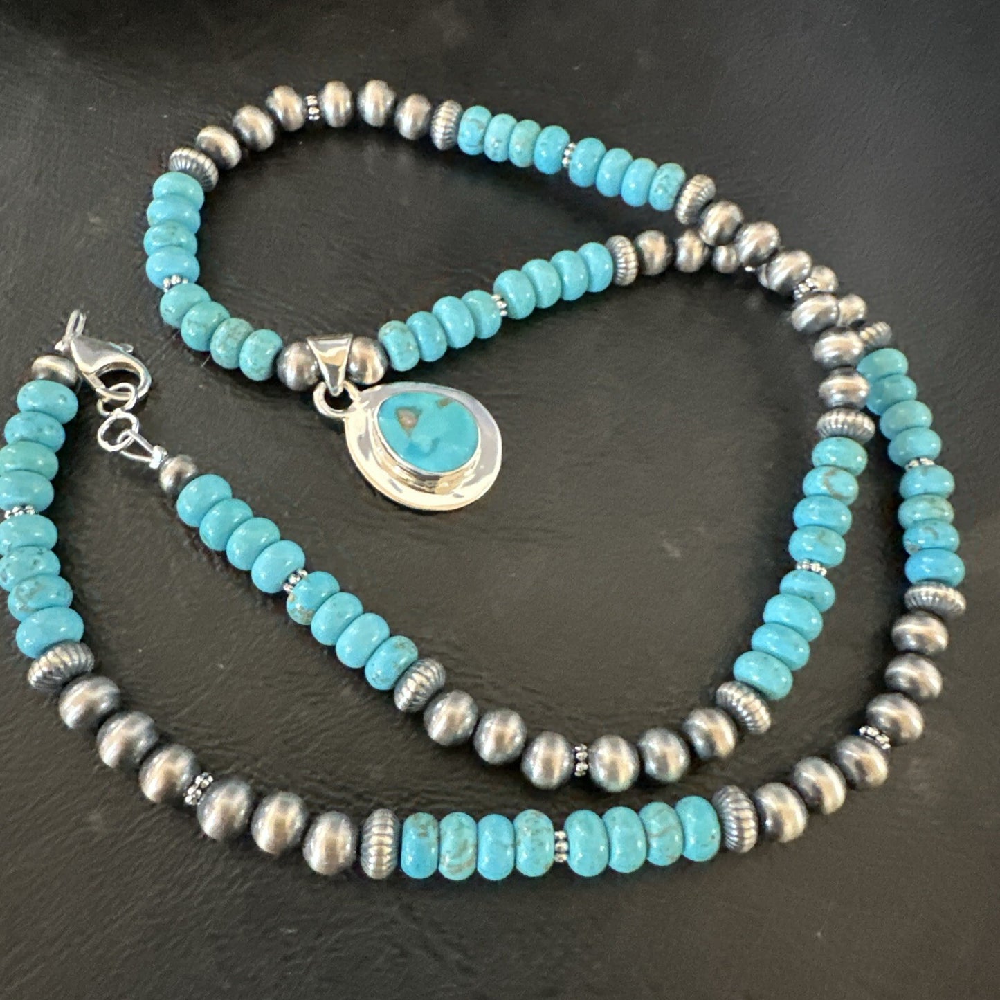 Mens Blue Kingman Turquoise Pendant Navajo Sterling Silver Necklace 21" 17903