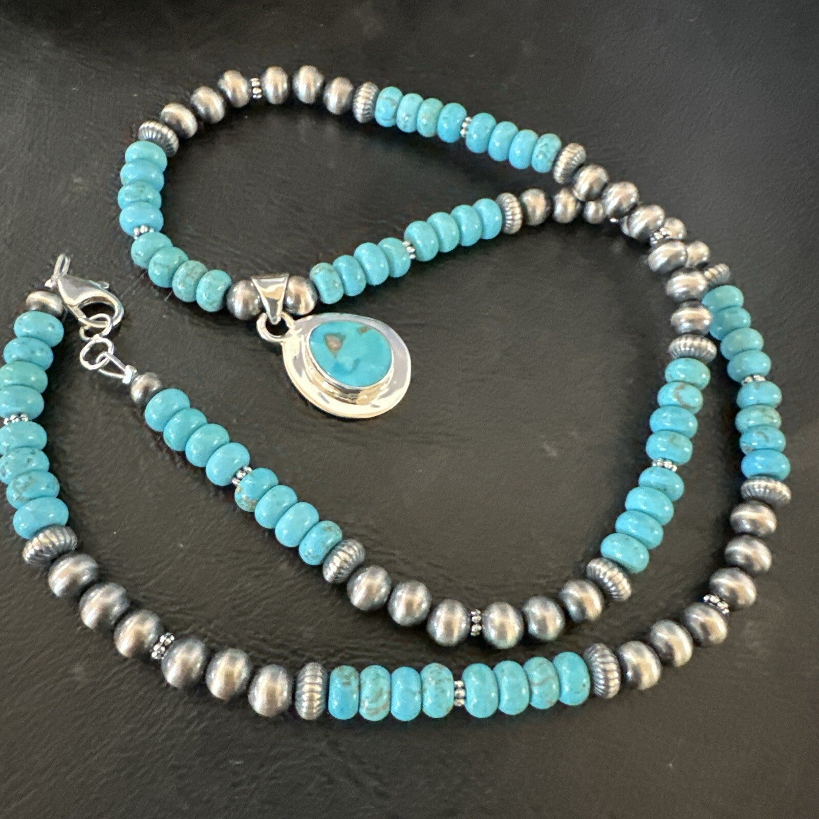 Mens Blue Kingman Turquoise Pendant Navajo Sterling Silver Necklace 21" 17903